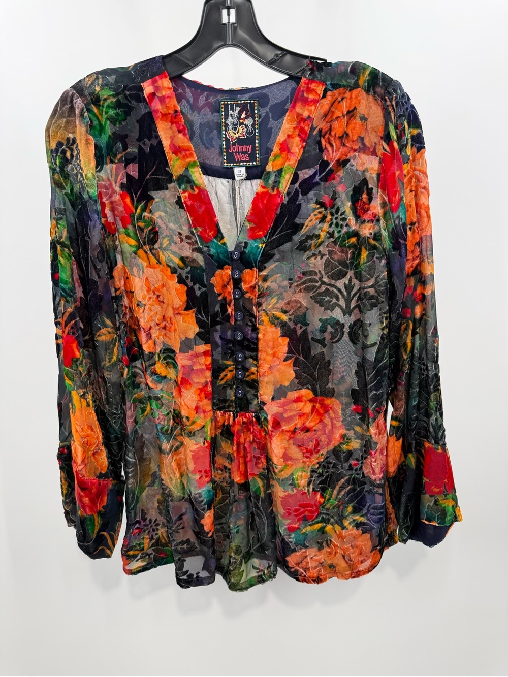 Johnny Was Botina Burnout Blouse Catalina Blue Floral Size XS NWT